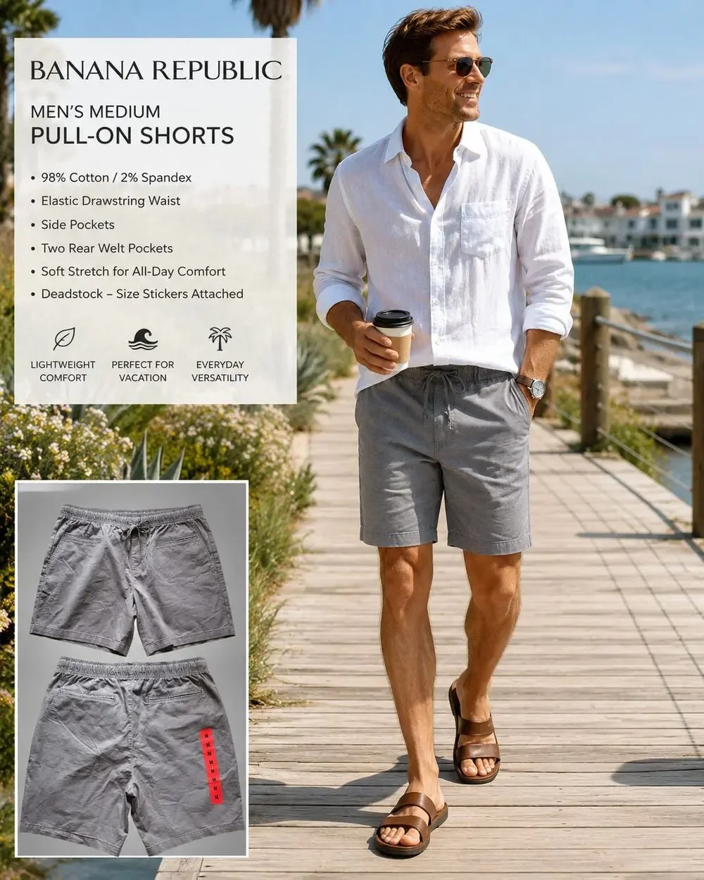 Banana Republic Men’s Medium Gray Cotton Drawstring Pull On Shorts NWT Deadstock